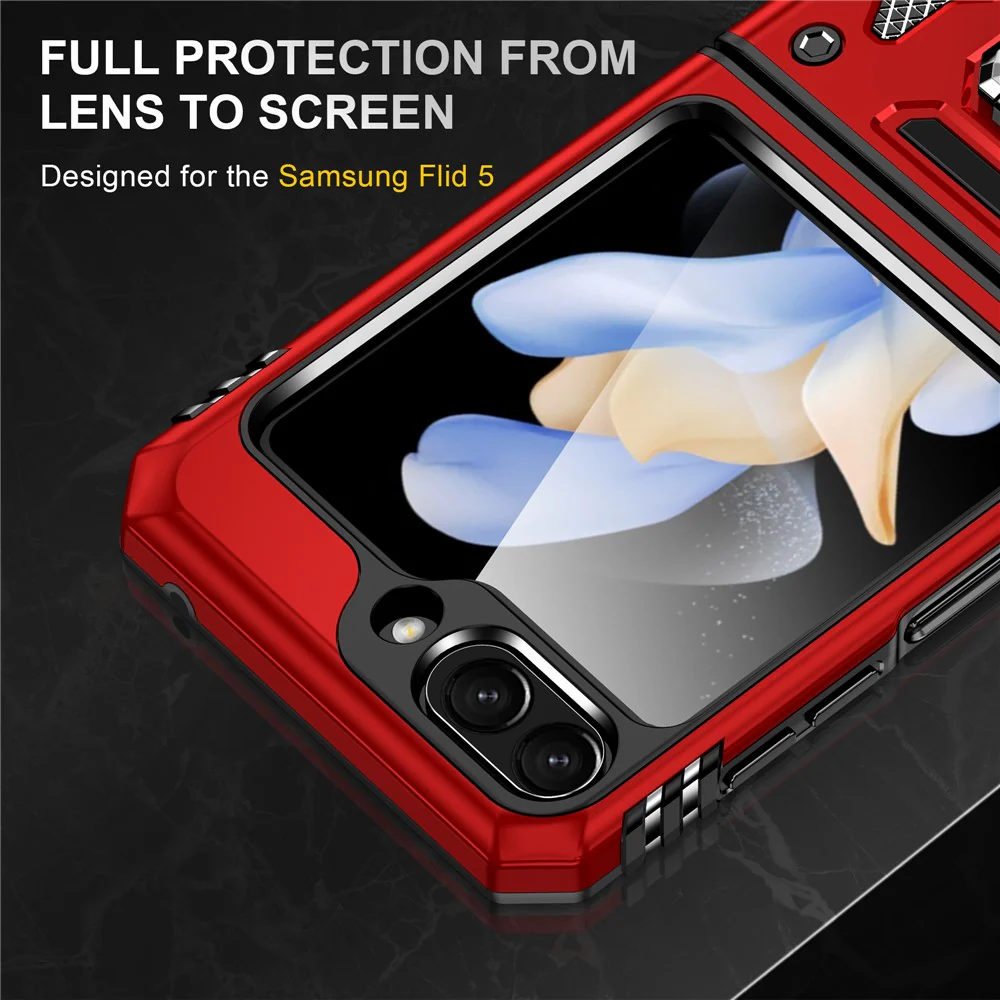 Armor Series For Samsung Galaxy Z Flip7 FE 5G / Z Flip6 5G Case Ring Kickstand PC+TPU Phone Cover - Red - Image 5