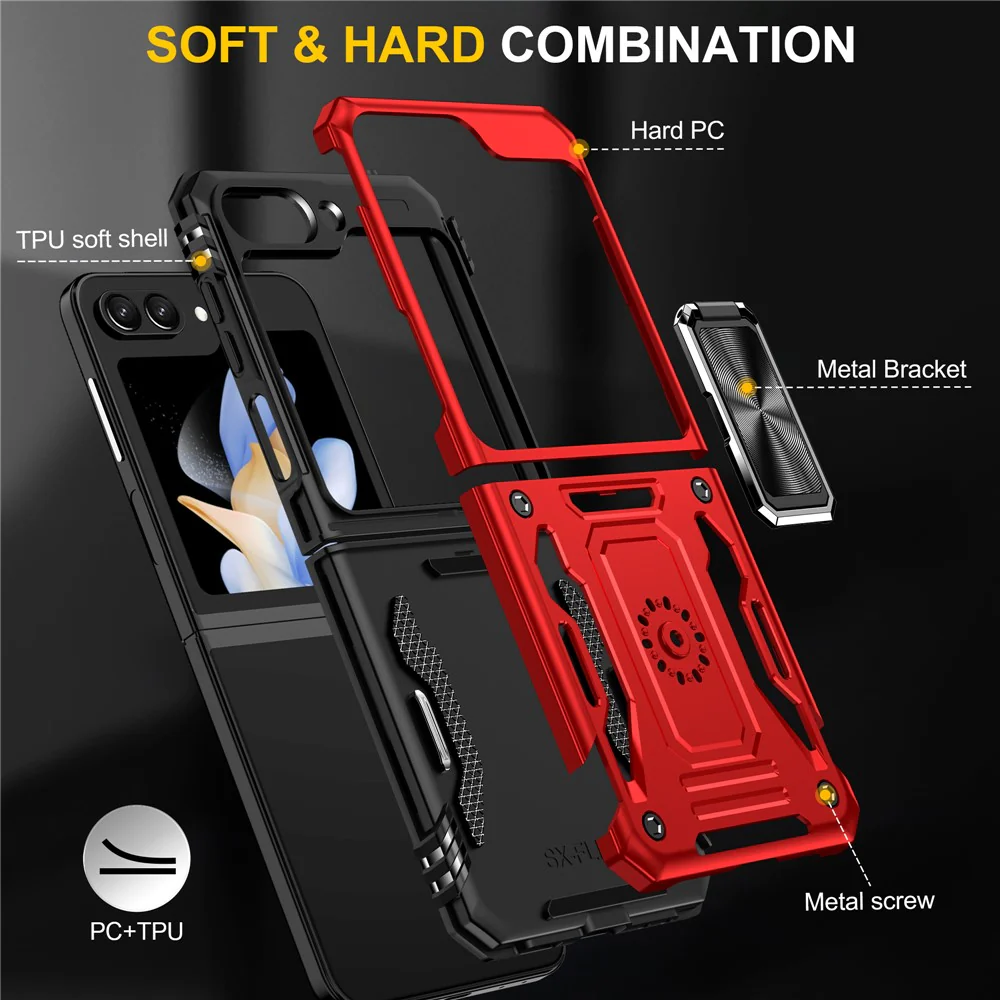 Armor Series For Samsung Galaxy Z Flip7 FE 5G / Z Flip6 5G Case Ring Kickstand PC+TPU Phone Cover - Red - Image 7