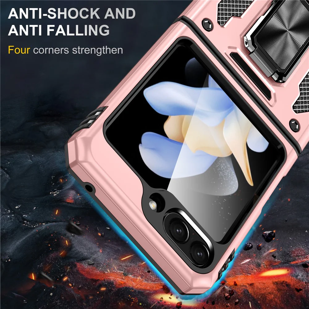 Armor Series For Samsung Galaxy Z Flip7 FE 5G / Z Flip6 5G Case Ring Kickstand PC+TPU Phone Cover - Rose Gold - Image 2