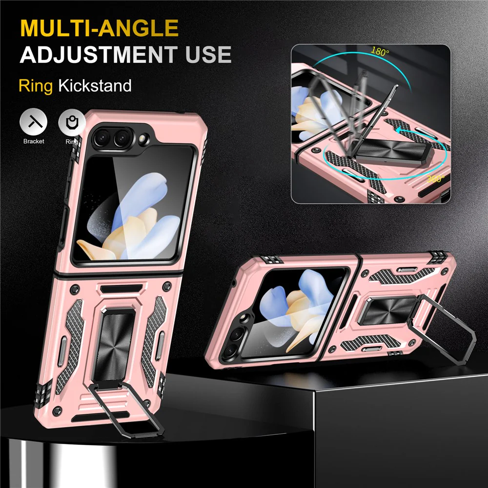 Armor Series For Samsung Galaxy Z Flip7 FE 5G / Z Flip6 5G Case Ring Kickstand PC+TPU Phone Cover - Rose Gold - Image 4