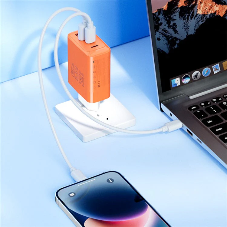 AZEADA 65W Fast Charging Adapter 2 Type-C + 2 USB Portable GaN Wall Charger - Orange / EU Plug - Image 5
