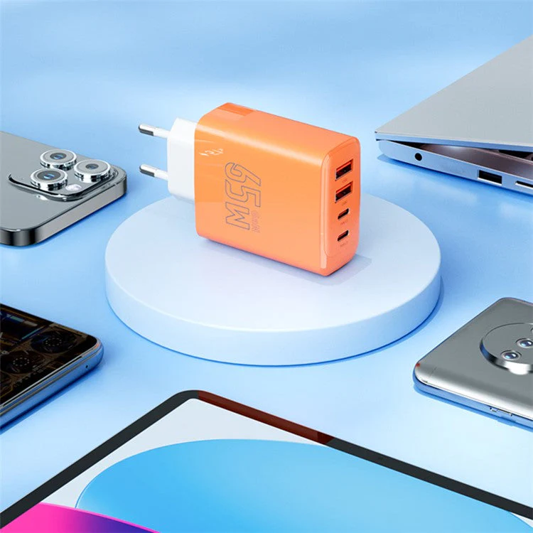AZEADA 65W Fast Charging Adapter 2 Type-C + 2 USB Portable GaN Wall Charger - Orange / EU Plug - Image 7