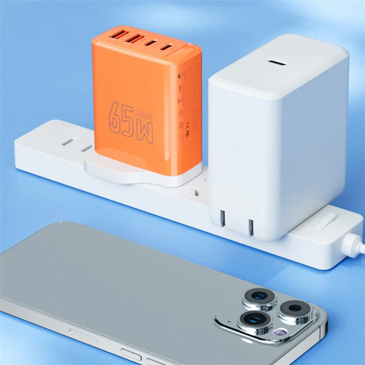 AZEADA 65W Fast Charging Adapter 2 Type-C + 2 USB Portable GaN Wall Charger - Orange / UK Plug - Image 4