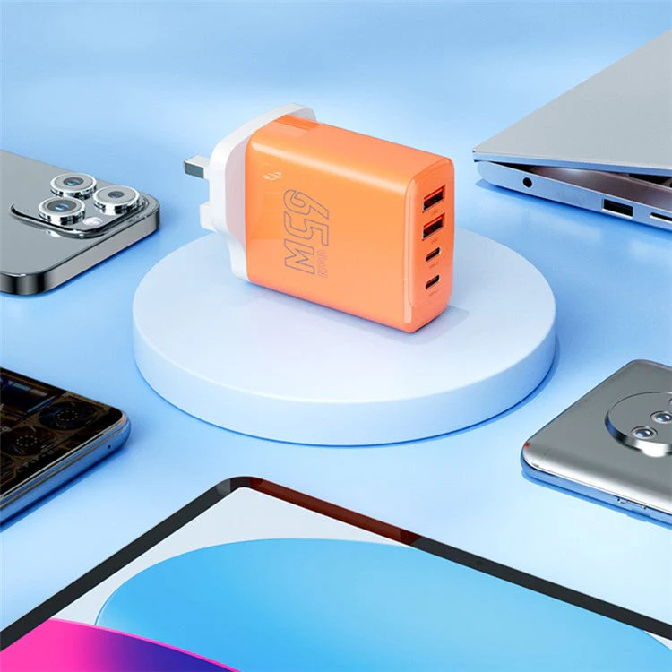 AZEADA 65W Fast Charging Adapter 2 Type-C + 2 USB Portable GaN Wall Charger - Orange / UK Plug - Image 7