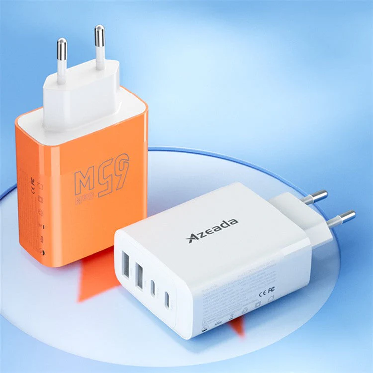AZEADA 65W Fast Charging Adapter 2 Type-C + 2 USB Portable GaN Wall Charger - White / EU Plug - Image 8