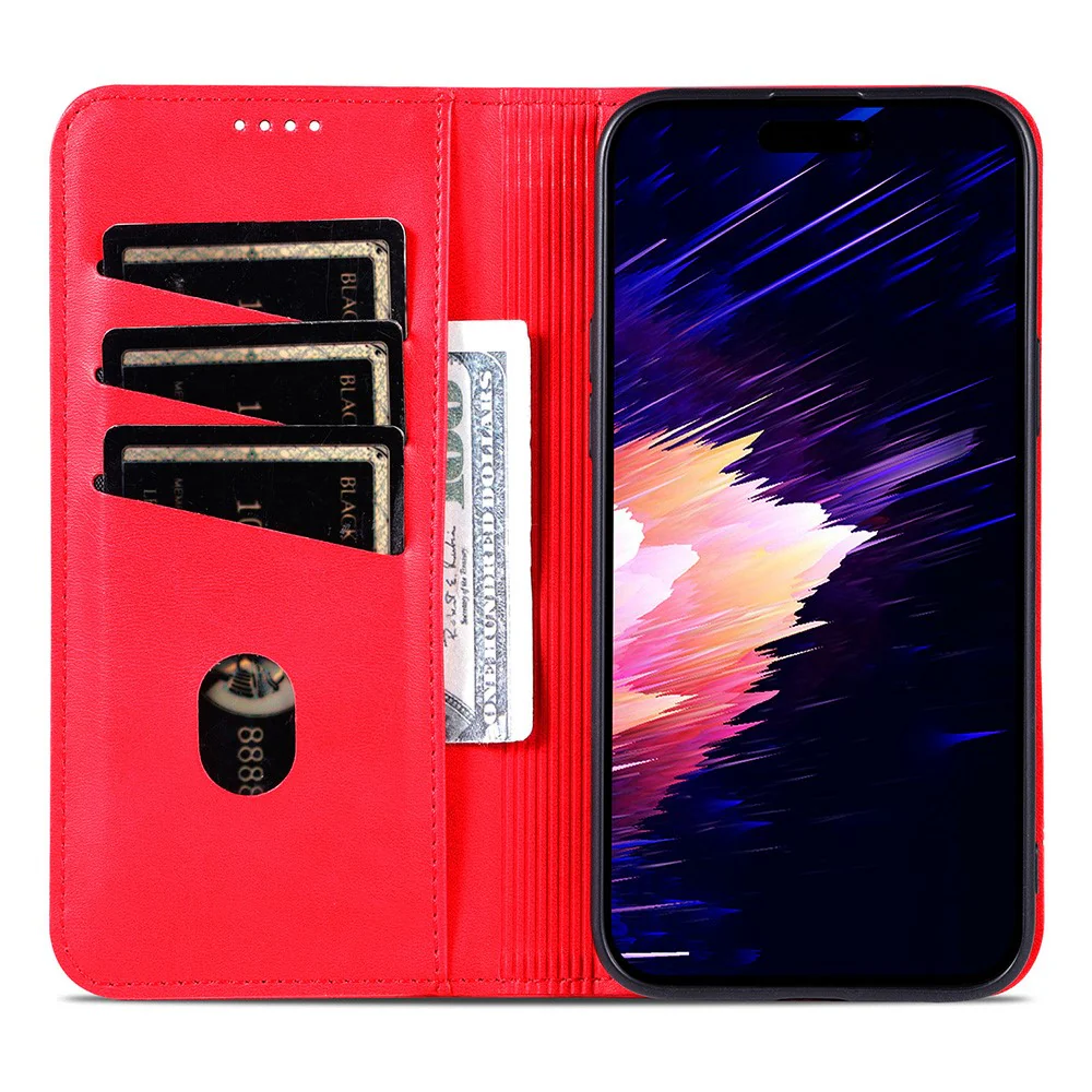 AZNS For iPhone 17 Pro Max Case Cowhide Texture PU Leather Wallet Phone Cover - Red - Image 2