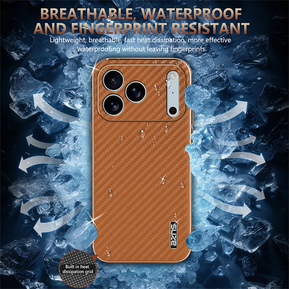 AZNS For iPhone 17 Pro Max Case Electroplating Carbon Fiber Texture PU + TPU Phone Cover - Black - Image 5