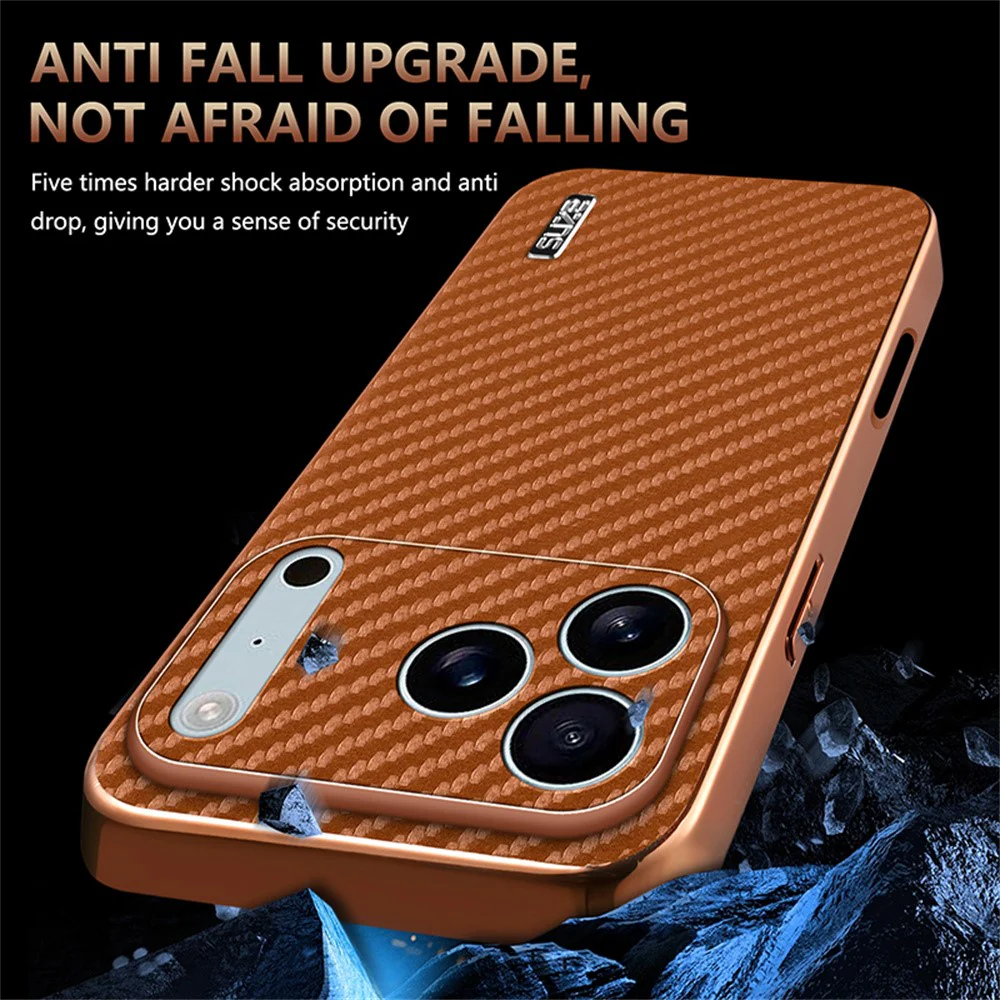 AZNS For iPhone 17 Pro Max Case Electroplating Carbon Fiber Texture PU + TPU Phone Cover - Brown - Image 4