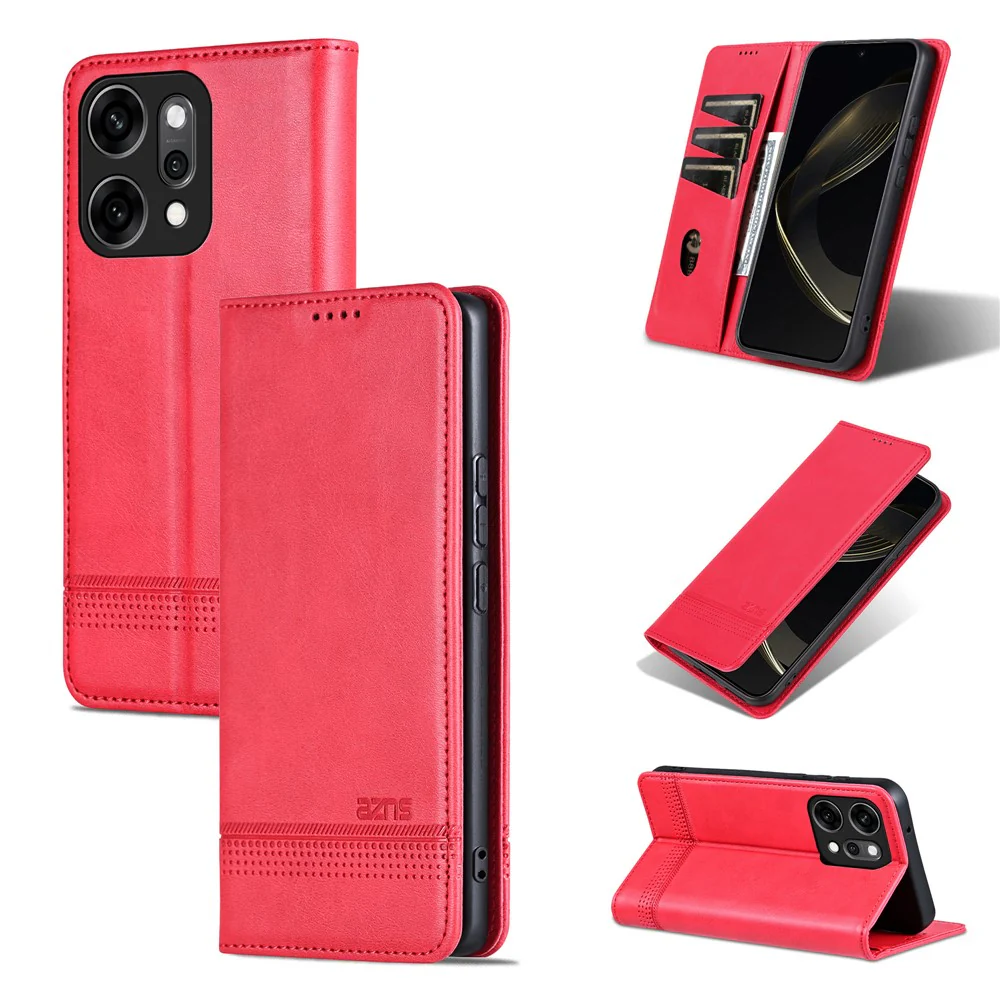 AZNS For Oppo Reno14 Pro 5G (Global) Case Cowhide Texture PU Leather Wallet Phone Cover - Red - Image 6