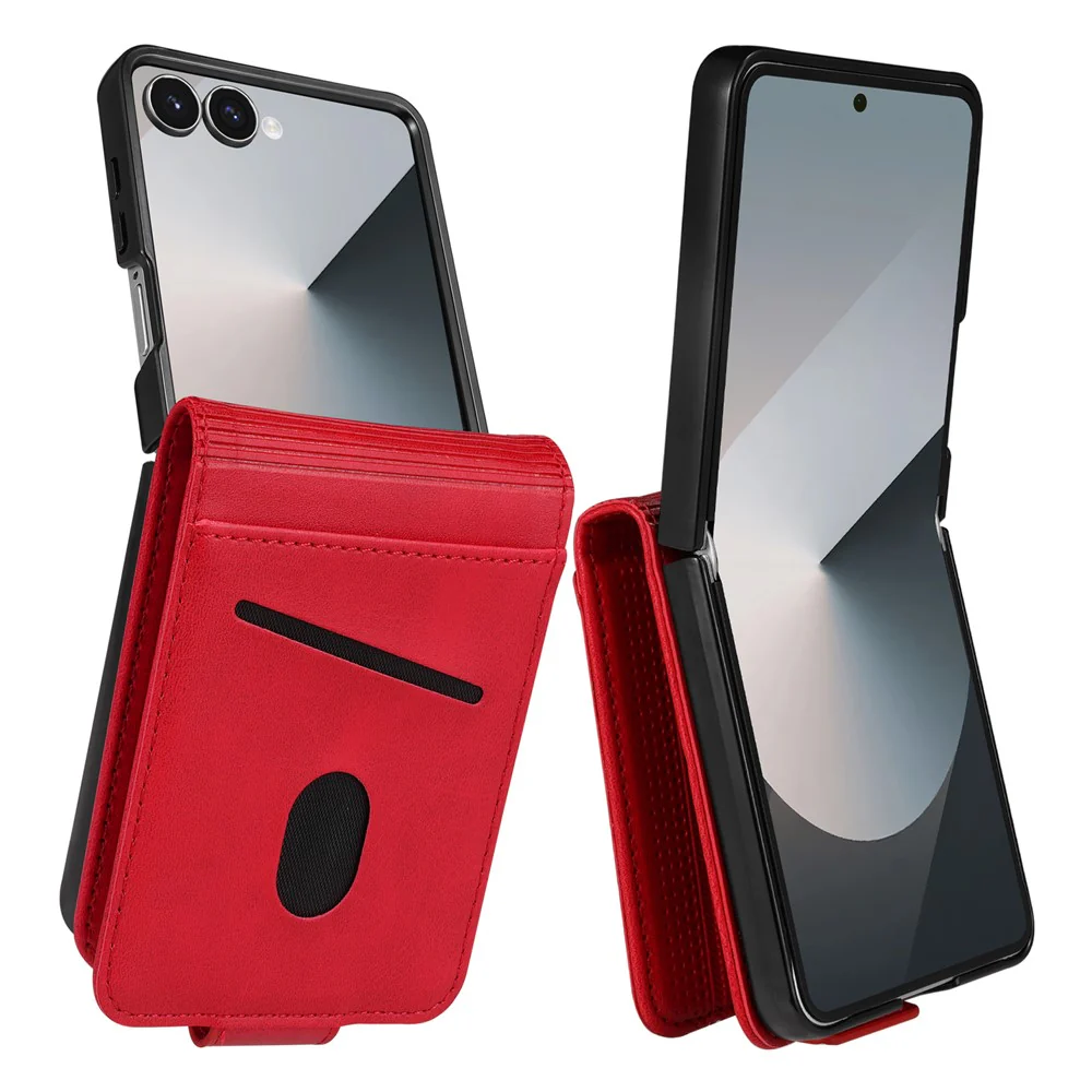AZNS For Samsung Galaxy Z Flip7 5G Case Card Holder Cowhide Texture PC + PU Leather Phone Cover - Red