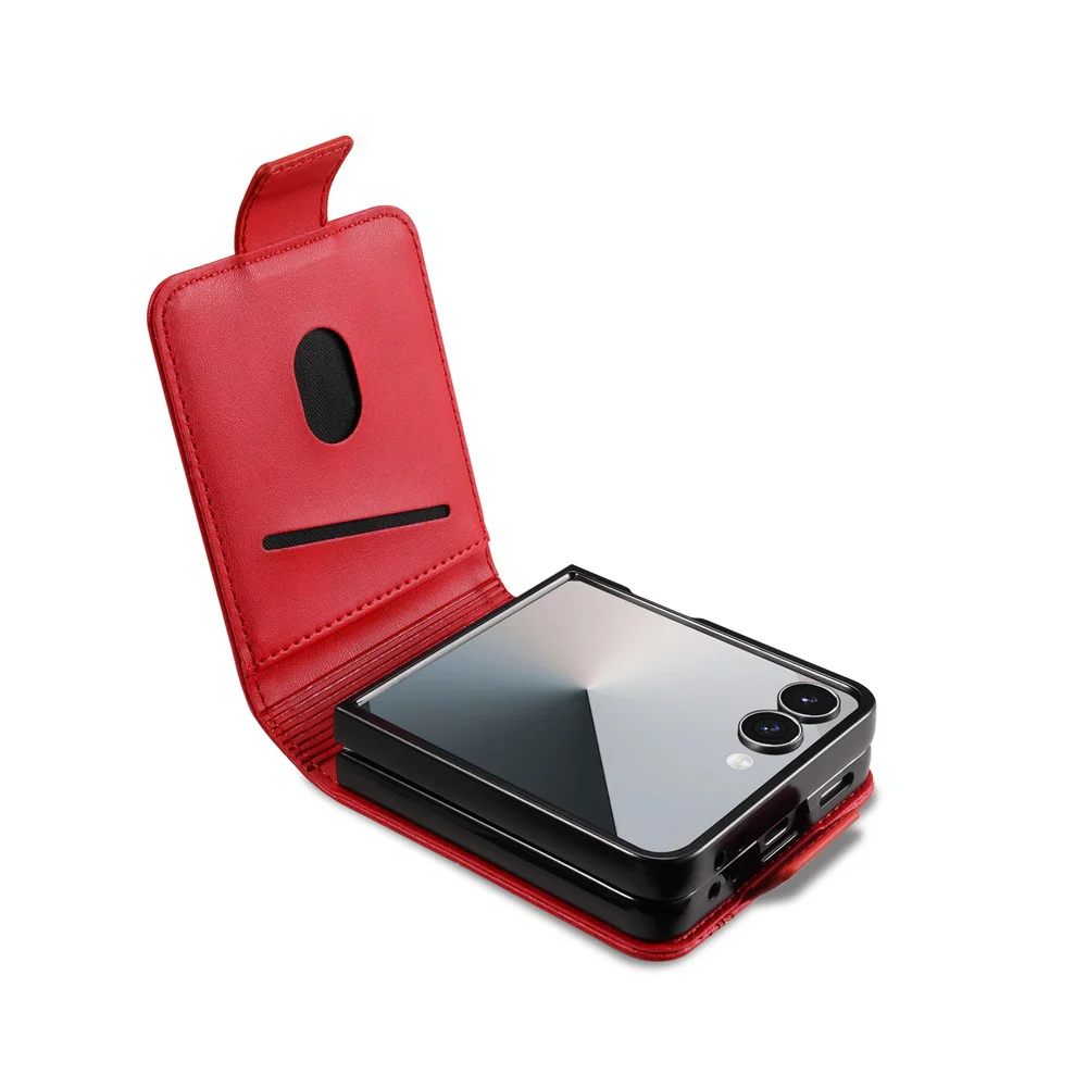 AZNS For Samsung Galaxy Z Flip7 5G Case Card Holder Cowhide Texture PC + PU Leather Phone Cover - Red - Image 3