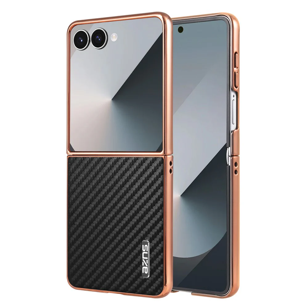 AZNS For Samsung Galaxy Z Flip7 5G Case Electroplating Carbon Fiber Texture PU+PC Phone Cover - Black
