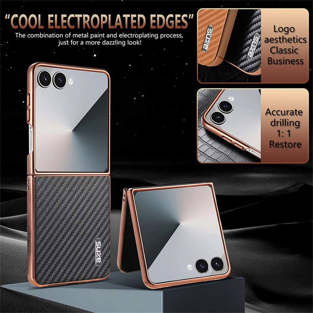 AZNS For Samsung Galaxy Z Flip7 5G Case Electroplating Carbon Fiber Texture PU+PC Phone Cover - Black - Image 5
