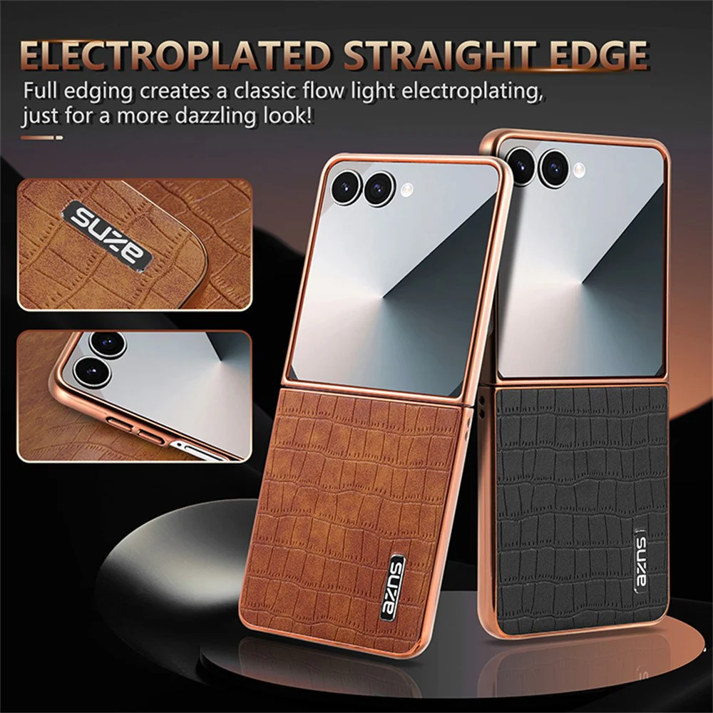 AZNS For Samsung Galaxy Z Flip7 5G Case Electroplating Crocodile Texture PU + PC Phone Cover - White - Image 5