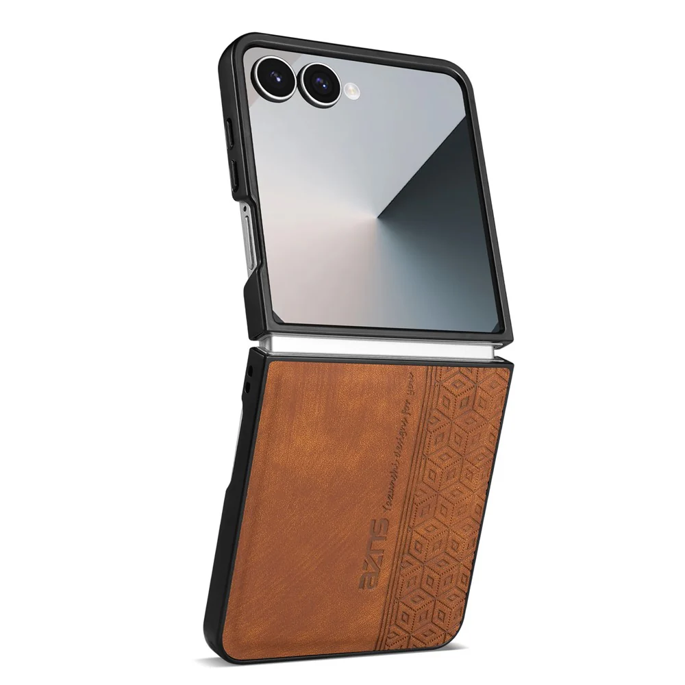AZNS For Samsung Galaxy Z Flip7 5G Case Imprinted PU Leather Coated PC Phone Back Cover - Brown - Image 2