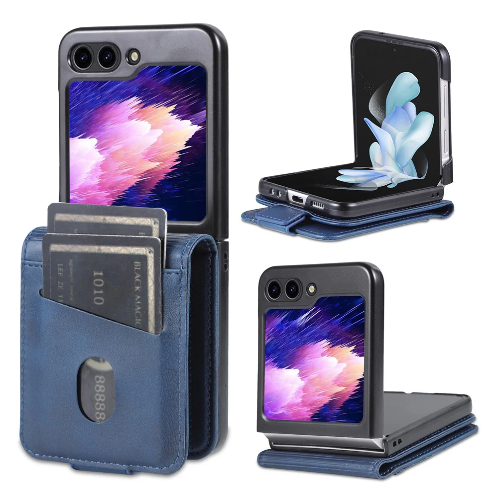 AZNS For Samsung Galaxy Z Flip7 FE 5G / Z Flip6 5G Case Card Holder PU Leather Phone Cover Cowhide Texture - Blue