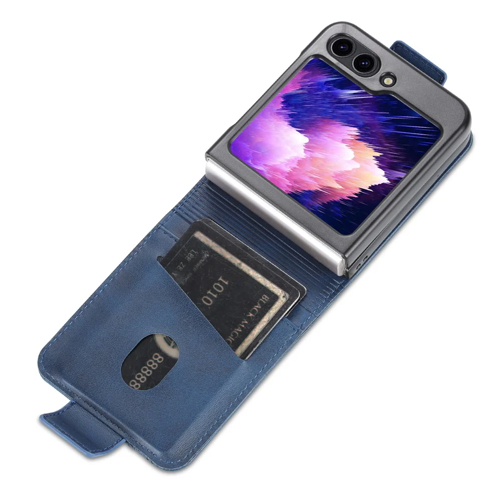 AZNS For Samsung Galaxy Z Flip7 FE 5G / Z Flip6 5G Case Card Holder PU Leather Phone Cover Cowhide Texture - Blue - Image 2