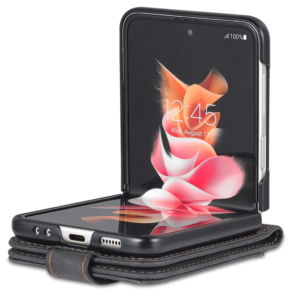 AZNS For Samsung Galaxy Z Flip7 FE 5G / Z Flip6 5G Case Card Slots PU Leather Folding Phone Cover - Black - Image 3