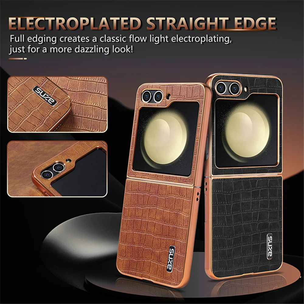 AZNS For Samsung Galaxy Z Flip7 FE 5G / Z Flip6 5G Case Crocodile Pattern PU Leather Phone Cover - Brown - Image 4