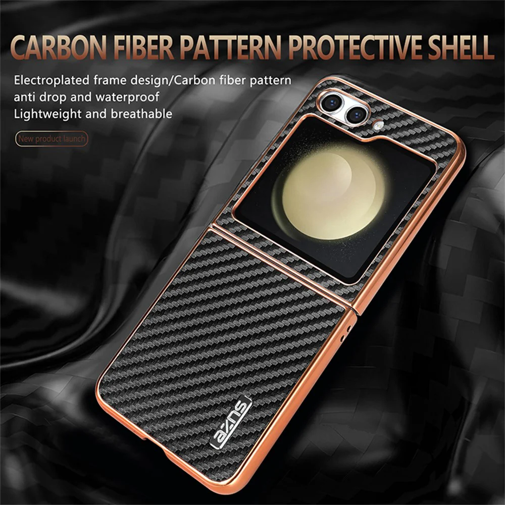AZNS For Samsung Galaxy Z Flip7 FE 5G / Z Flip6 5G Case Electroplating Carbon Fiber Texture PU+PC Phone Cover - Black - Image 3
