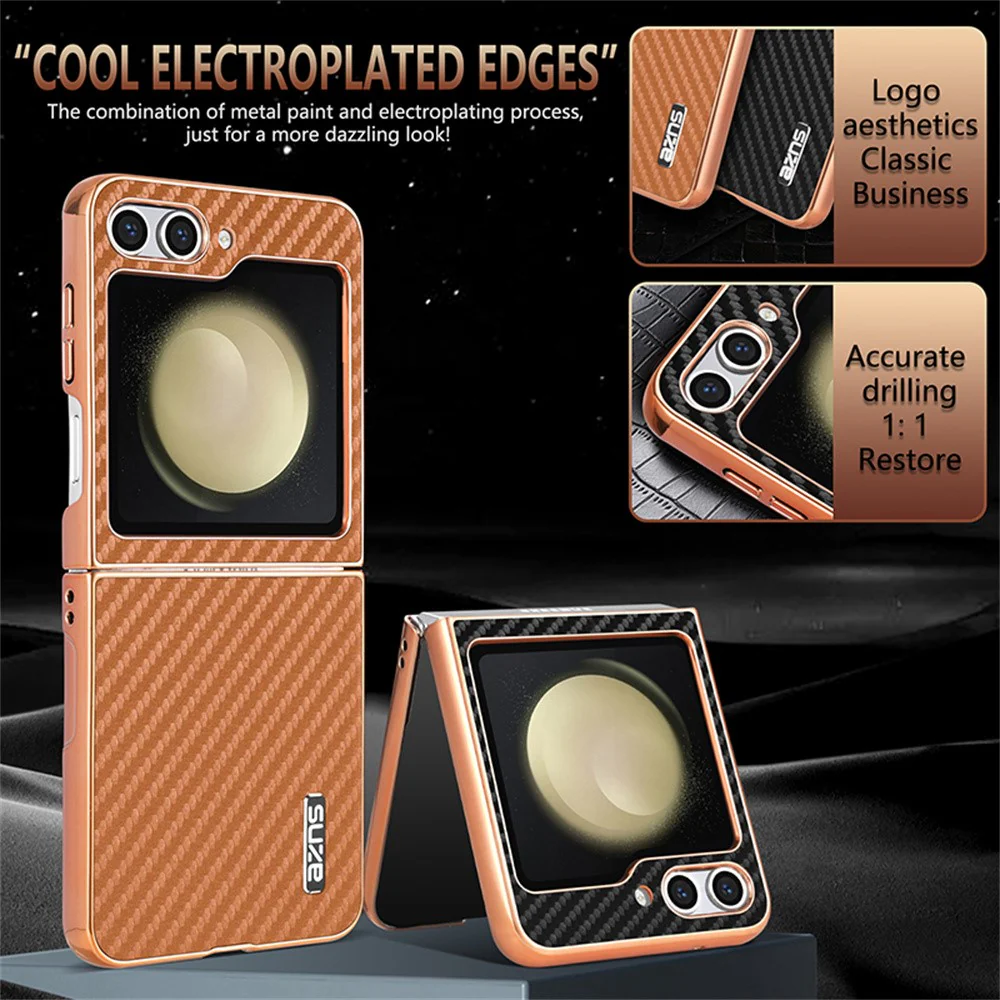 AZNS For Samsung Galaxy Z Flip7 FE 5G / Z Flip6 5G Case Electroplating Carbon Fiber Texture PU+PC Phone Cover - Black - Image 4