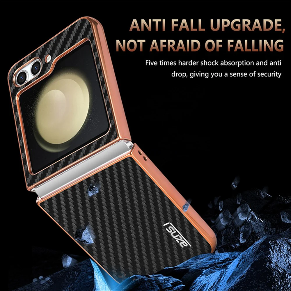 AZNS For Samsung Galaxy Z Flip7 FE 5G / Z Flip6 5G Case Electroplating Carbon Fiber Texture PU+PC Phone Cover - Black - Image 5