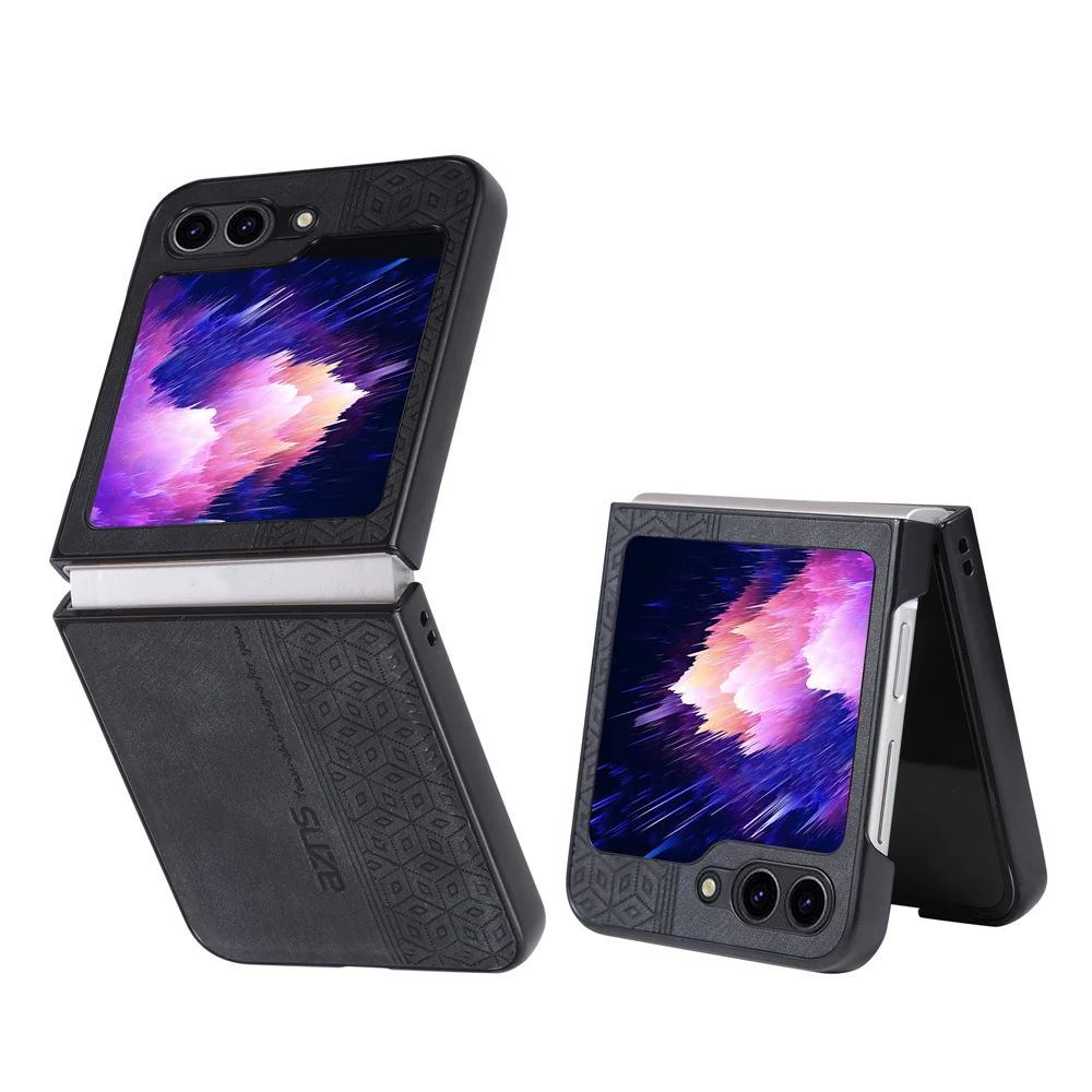 AZNS For Samsung Galaxy Z Flip7 FE 5G / Z Flip6 5G Case PU Leather Coated PC Hard Phone Cover - Black