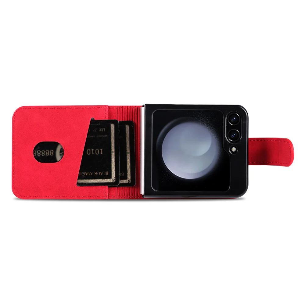 AZNS For Samsung Galaxy Z Flip7 FE 5G / Z Flip6 5G Case Ultra Thin Leather Phone Cover with Card Holder - Red - Image 4