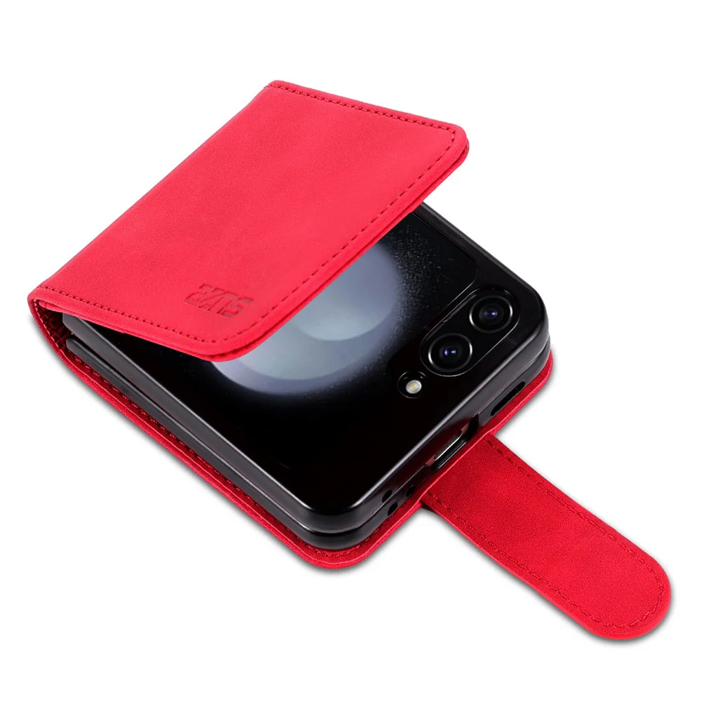 AZNS For Samsung Galaxy Z Flip7 FE 5G / Z Flip6 5G Case Ultra Thin Leather Phone Cover with Card Holder - Red - Image 7