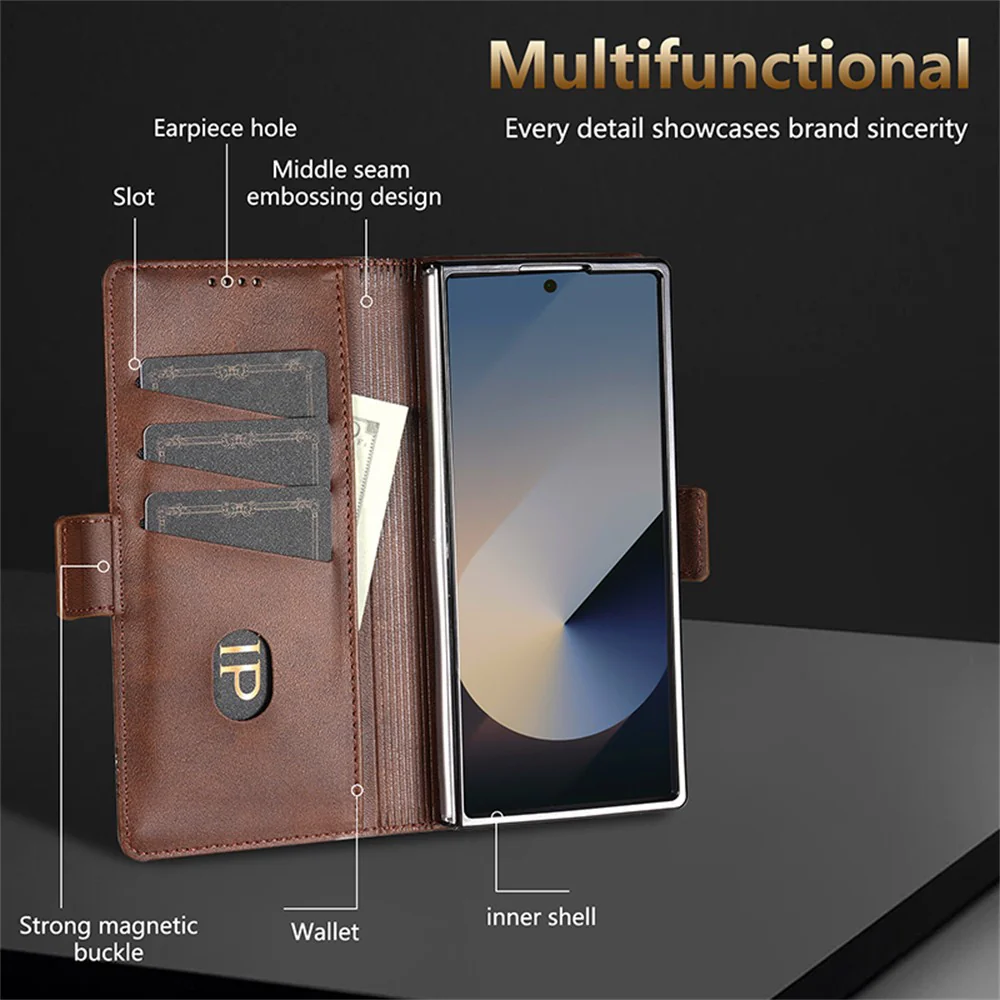 AZNS For Samsung Galaxy Z Fold7 5G Case Cowhide Texture PU Leather Wallet Phone Cover - Coffee - Image 7