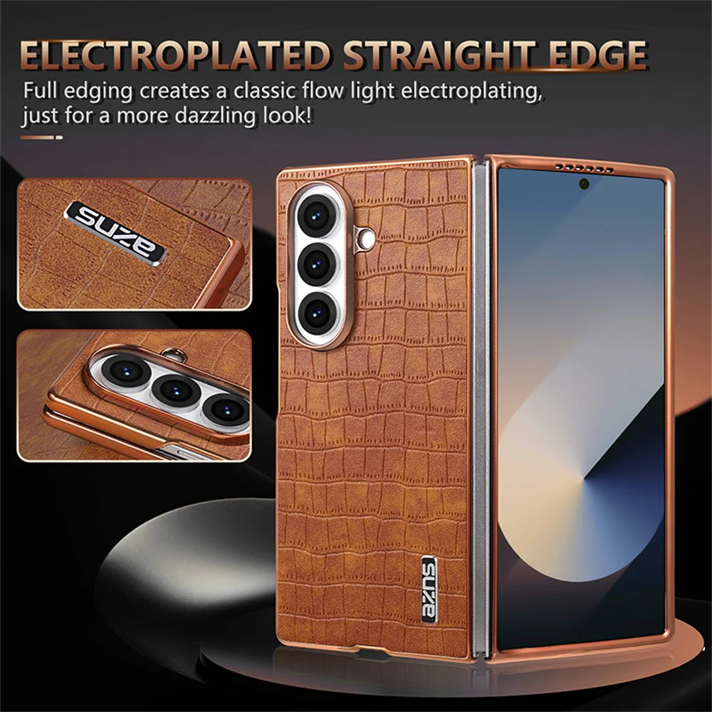 AZNS For Samsung Galaxy Z Fold7 5G Case Electroplating Crocodile Texture PU + PC Phone Cover - White - Image 4