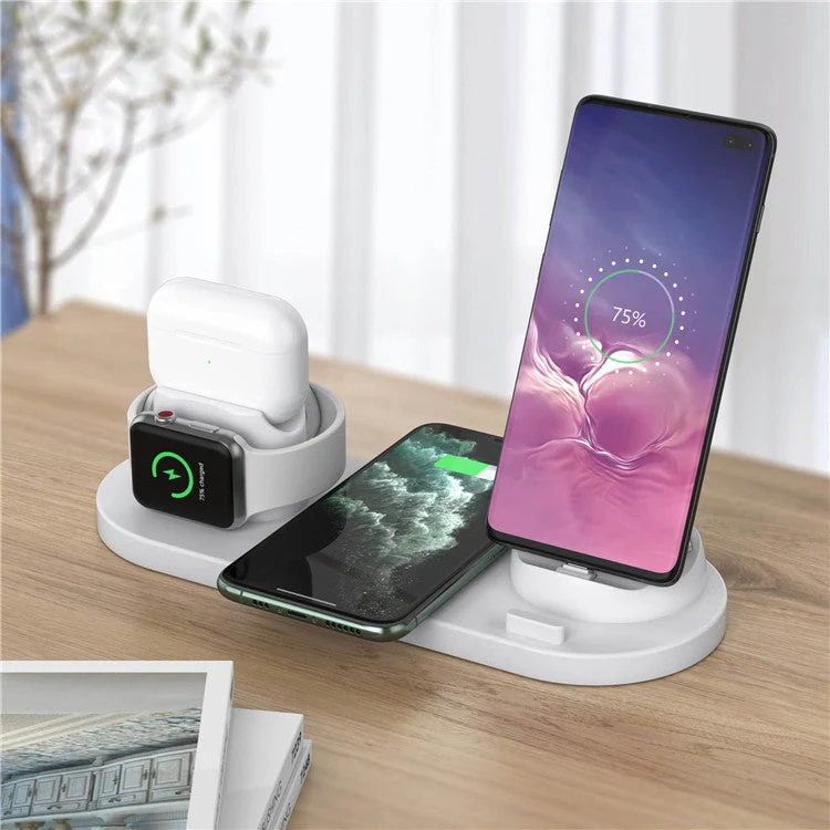B-07C 6 in 1 15W Wireless Charger Stand Fast Charging Station for iPhone / Airpods Pro / iWatch - White - Image 5