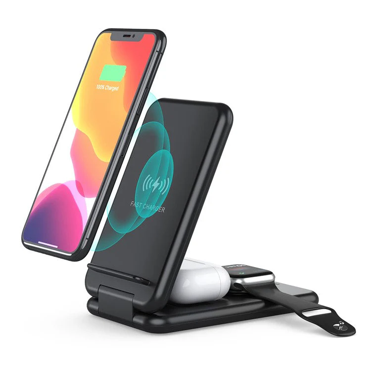 B-13 3-in-1 15W Wireless Charger Cell Phone Stand Holder Foldable Charging Pad for Apple Watch / AirPods - White - Image 4