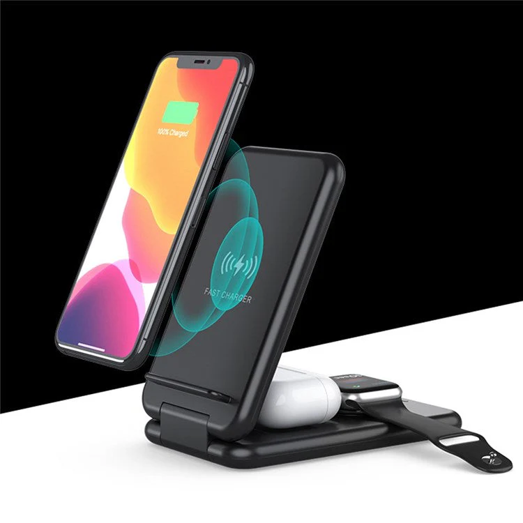 B-13 Foldable 3-in-1 Wireless Charger 15W Max Qi-Certified Wireless Phone Charger Stand Wireless Charging Station for Qi-Enabled Smartphone/Smart Watch/Earphones - Black - Image 2