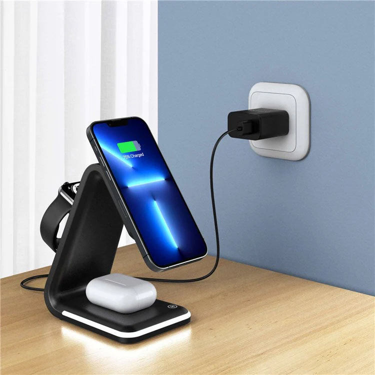 B-17 3-in-1 15W FOD Intelligent Identify Wireless Charger with Smart Security Protection Wireless Charging Desktop Stand for Smartphone/Smart Watch/Earphones - Black - Image 2