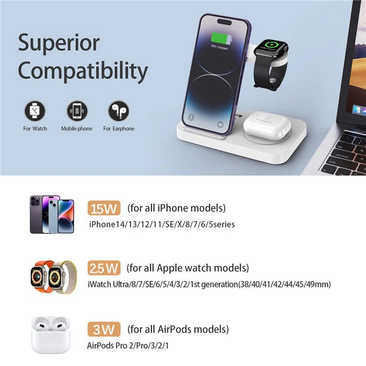 B-18C 3 in 1 Wireless Charger 15W Fast Charging Station Charger Stand for Apple Watch, iPhone, AirPods - White - Image 3