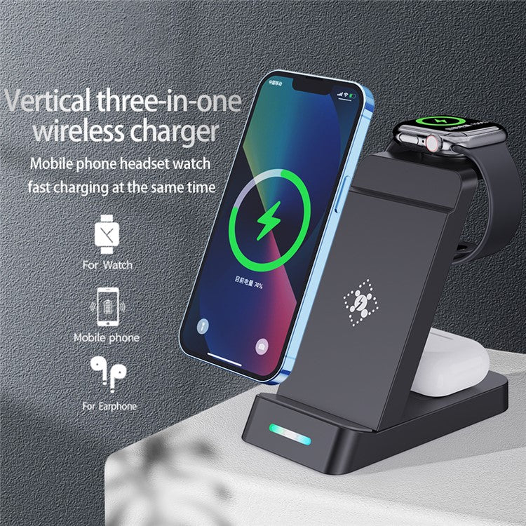 B-20A Vertical Wireless Charger for Apple Watch, iPhone, AirPods 3 in 1 Wireless Charger Stand Dock Station - Black - Image 2