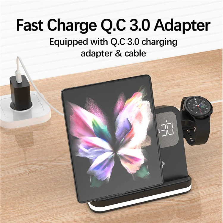 B-22 3 in 1 Wireless Charger 15W Charging Station for Samsung Galaxy Phone / Watch / Buds with Alarm Clock - Black - Image 5
