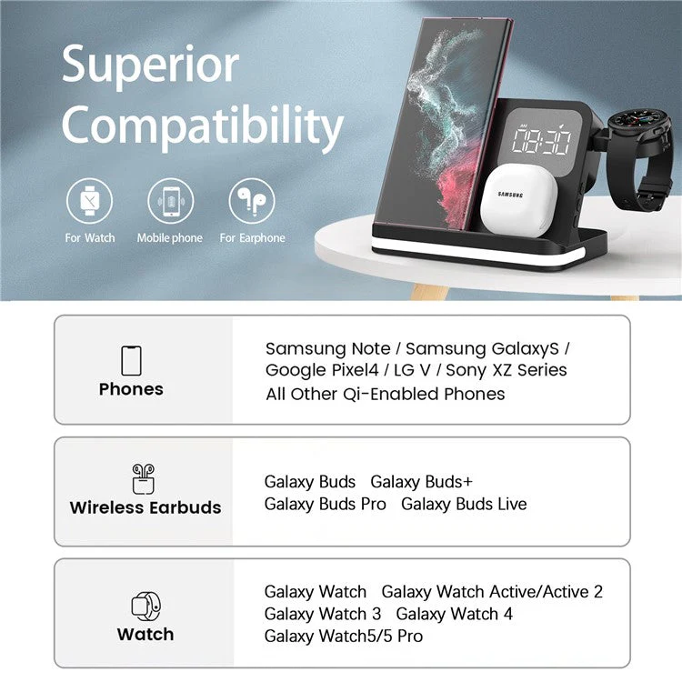 B-22 3 in 1 Wireless Charger 15W Charging Station for Samsung Galaxy Phone / Watch / Buds with Alarm Clock - Black - Image 6