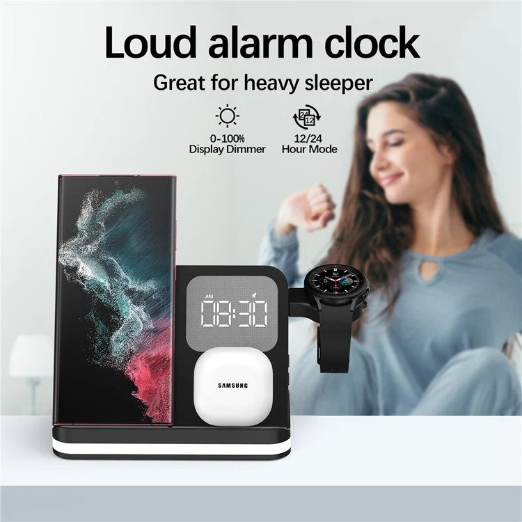 B-22 3 in 1 Wireless Charger 15W Charging Station for Samsung Galaxy Phone / Watch / Buds with Alarm Clock - Black - Image 7