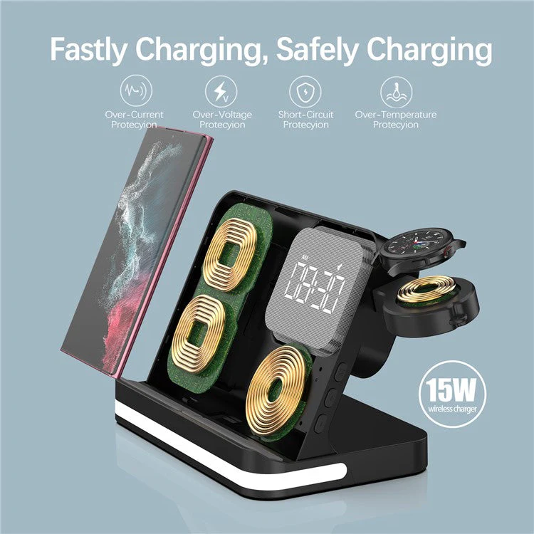 B-22 3 in 1 Wireless Charger 15W Charging Station for Samsung Galaxy Phone / Watch / Buds with Alarm Clock - Black - Image 8
