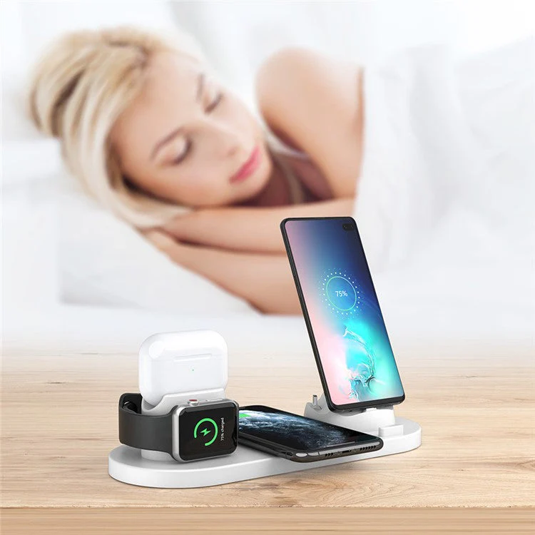 B07C 6-in-1 Desktop Phone Watch Earphone Charging Stand Wireless Charger - White - Image 5