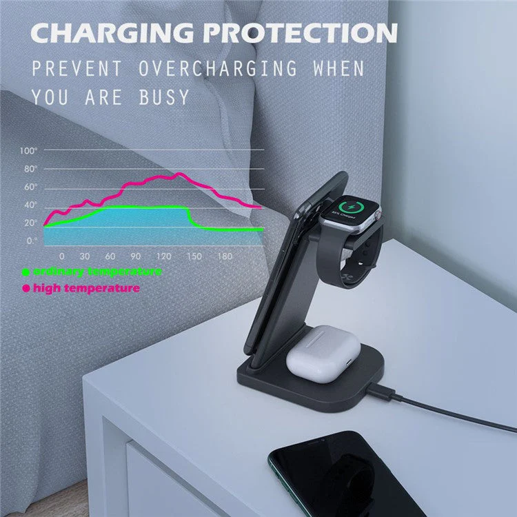 B12 Phone Smartwatch Bluetooth Earphone Wireless Charger Stand 3 in 1 Fast Charging Station - Black/for Apple Watch - Image 3