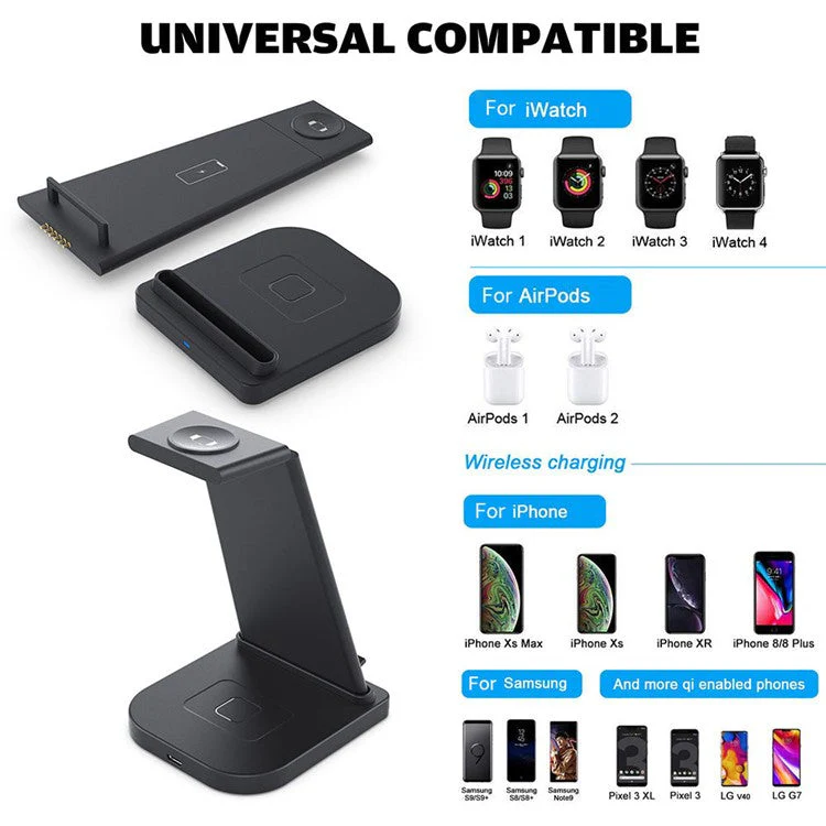 B12 Phone Smartwatch Bluetooth Earphone Wireless Charger Stand 3 in 1 Fast Charging Station - Black/for Apple Watch - Image 4