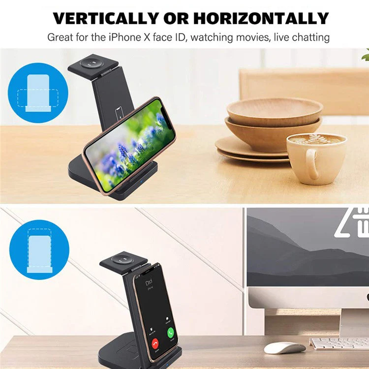 B12 Phone Smartwatch Bluetooth Earphone Wireless Charger Stand 3 in 1 Fast Charging Station - Black/for Apple Watch - Image 7