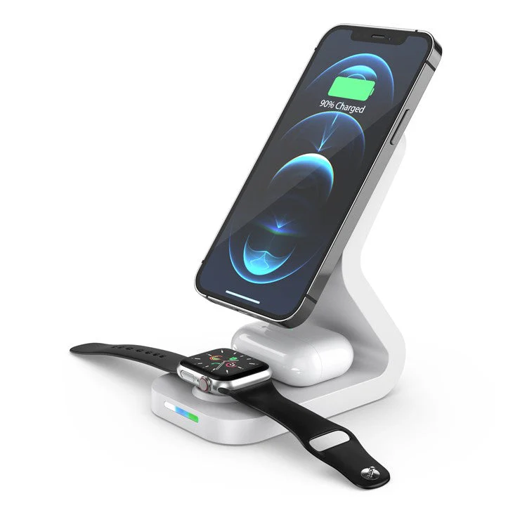 B16 15W 3-in-1 Qi Magnetic Wireless Charger Desktop Fast Charging Stand Dock for iPhone 12 Series/iWatch/AirPods Pro - White - Image 2