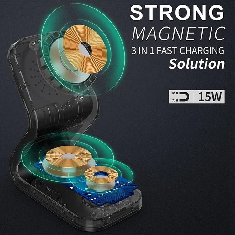 B16 15W 3-in-1 Qi Magnetic Wireless Charger Desktop Fast Charging Stand Dock for iPhone 12 Series/iWatch/AirPods Pro - White - Image 4