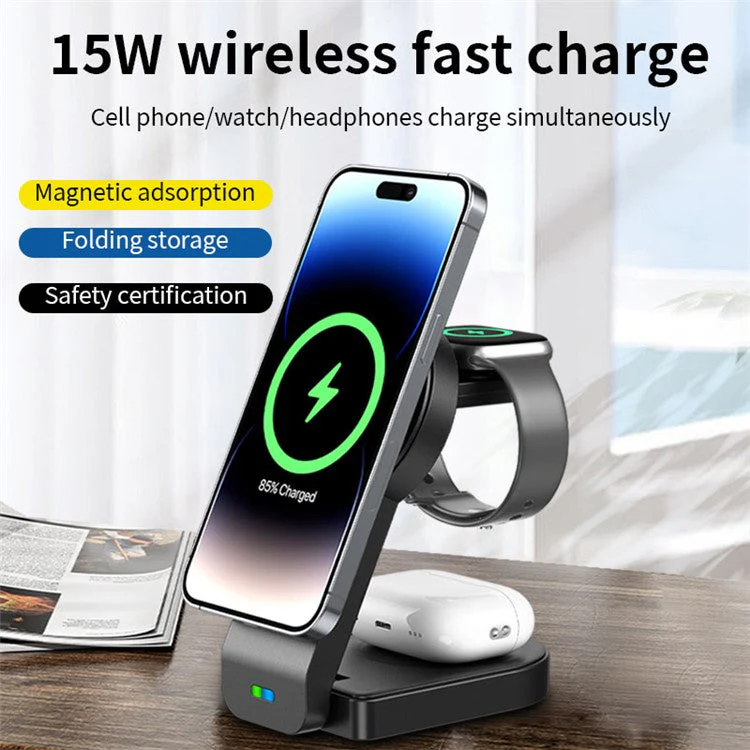 B23 3-in-1 Wireless Charging Stand Vertical 15W Cell Phone Folding Charging Station for Headset Watch - Black - Image 2
