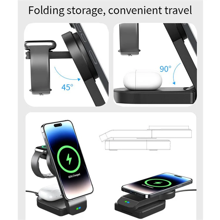 B23 3-in-1 Wireless Charging Stand Vertical 15W Cell Phone Folding Charging Station for Headset Watch - White - Image 3