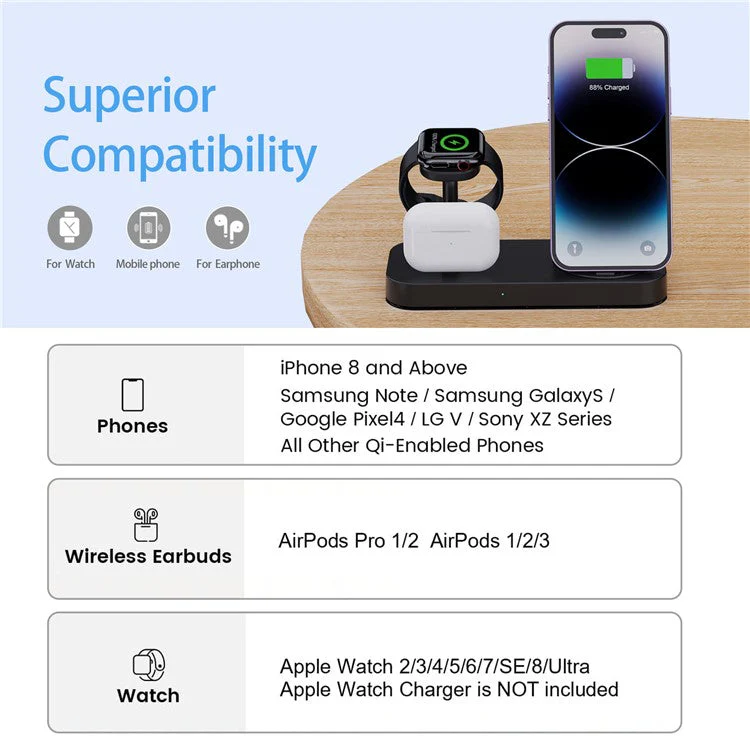 B25 For Apple Watch Wireless Charger Phone Earphone Direct Charging Stand - Black - Image 2